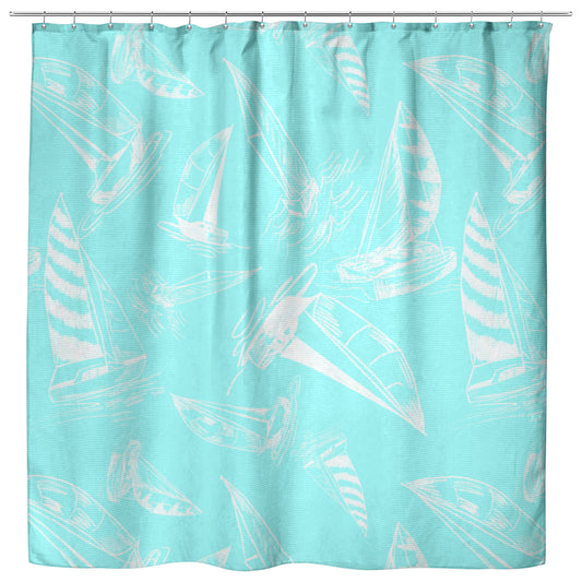 Sailboat Sketches on Coastal Blue Background, Shower Curtain
