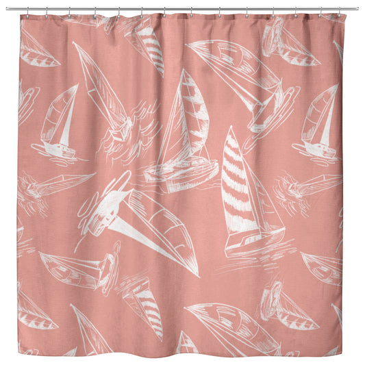 Sailboat Sketches on Coral Background, Shower Curtain