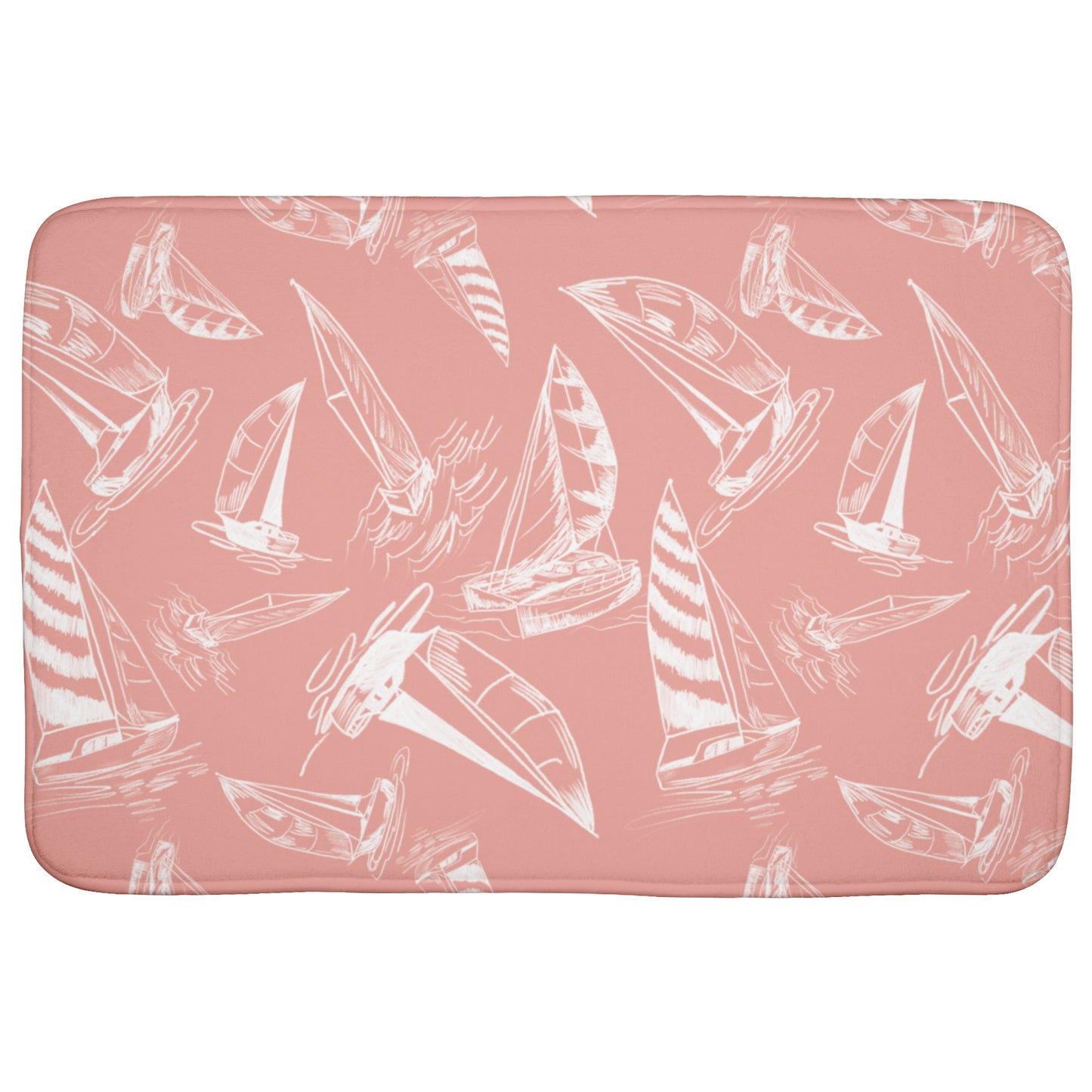 Sailboat Sketches on Coral  Background, Bath Mats
