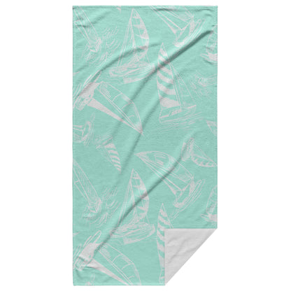 Sailboat Sketches on Mint Background, Beach Towel