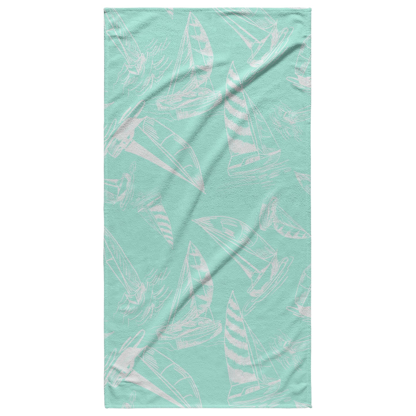 Sailboat Sketches on Mint Background, Beach Towel