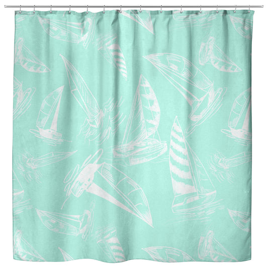 Sailboat Sketches on Mint Background, Shower Curtain