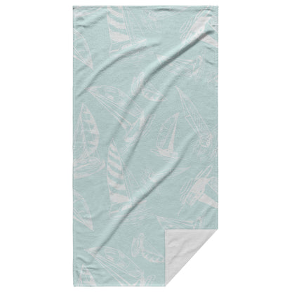 Sailboat Sketches on Mist Background, Beach Towel