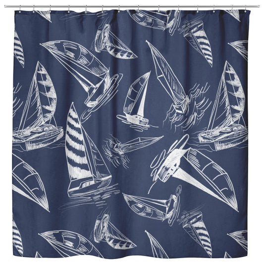 Sailboat Sketches on Navy Background, Shower Curtain