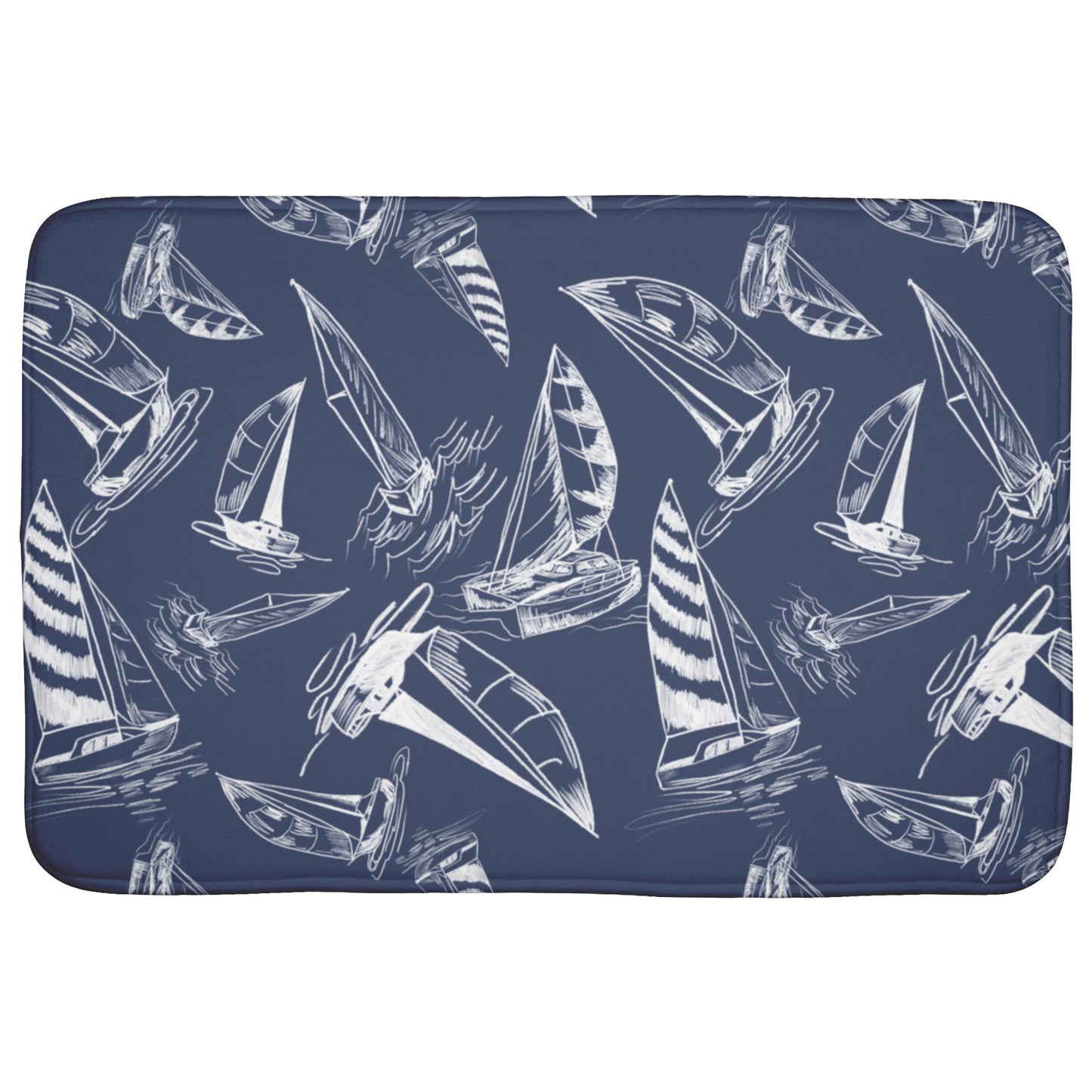 Sailboat Sketches on Navy Blue Background, Bath Mats