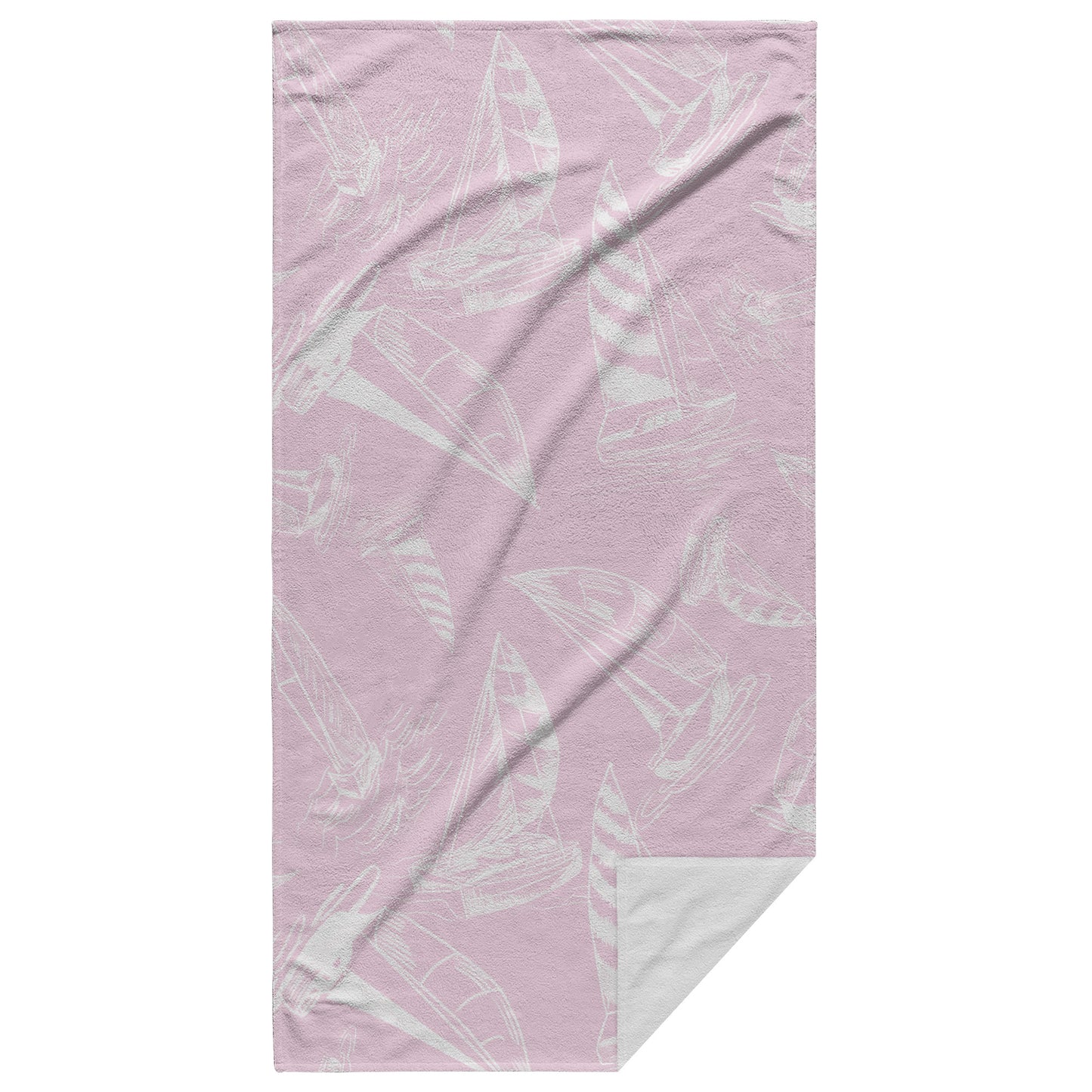 Sailboat Sketches on Pink Background, Beach Towel