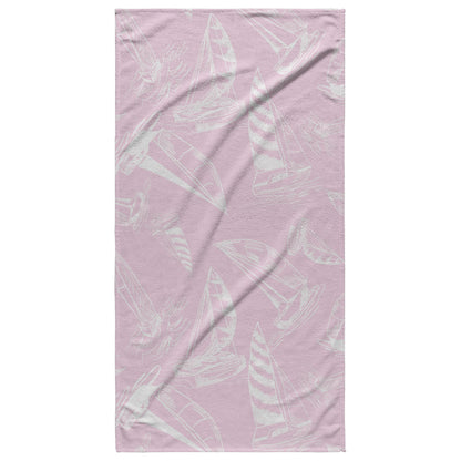 Sailboat Sketches on Pink Background, Beach Towel