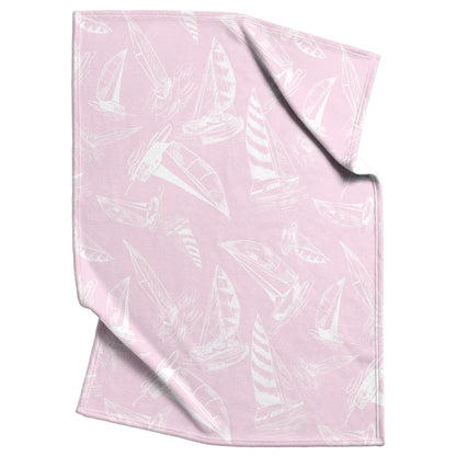 Sailboat Sketches on Pink Background, Fleece Blanket