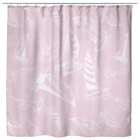 Sailboat Sketches on Pink Background, Shower Curtain