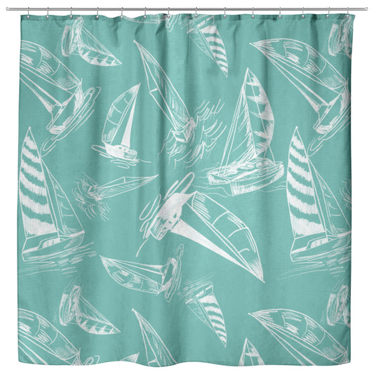 Sailboat Sketches on Succulent Background, Shower Curtain