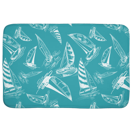Sailboat Sketches on Teal Background, Bath Mats