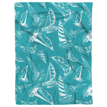 Sailboat Sketches on Teal Background, Fleece Blanket