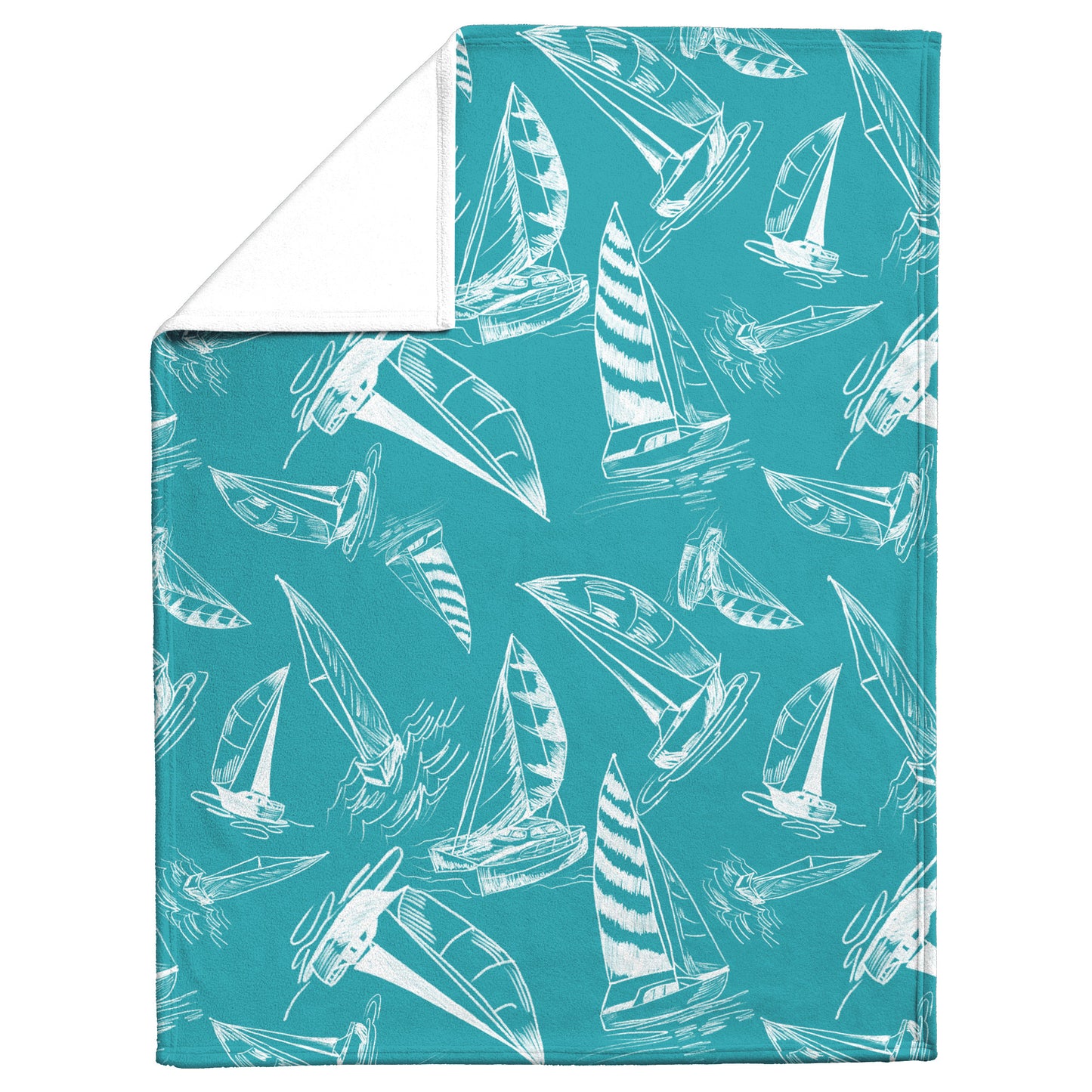 Sailboat Sketches on Teal Background, Fleece Blanket