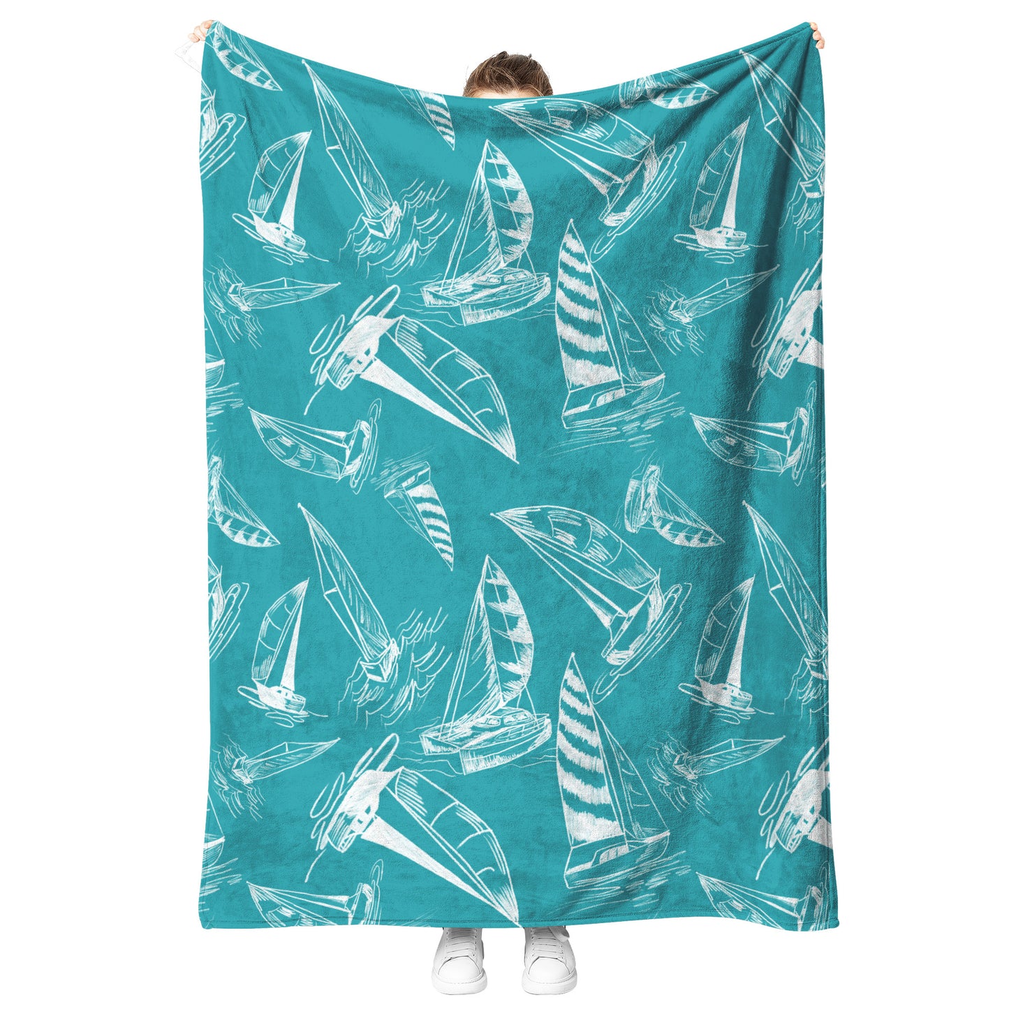 Sailboat Sketches on Teal Background, Fleece Blanket