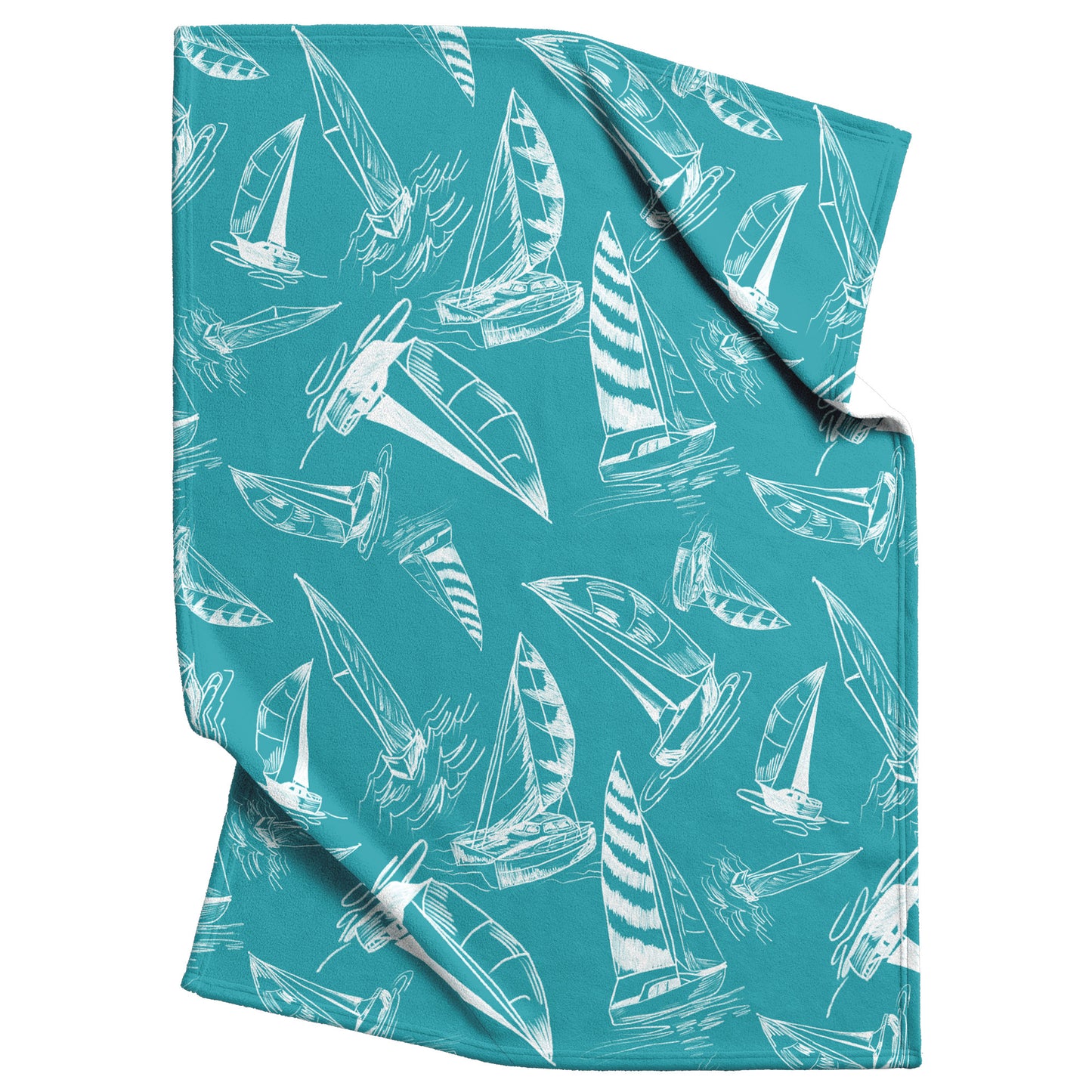 Sailboat Sketches on Teal Background, Fleece Blanket