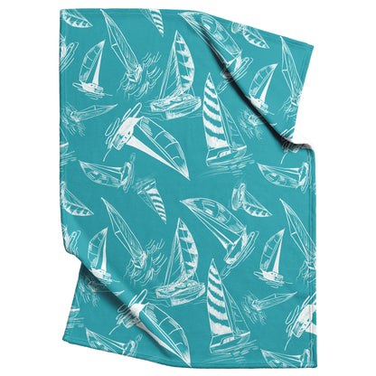 Sailboat Sketches on Teal Background, Fleece Blanket