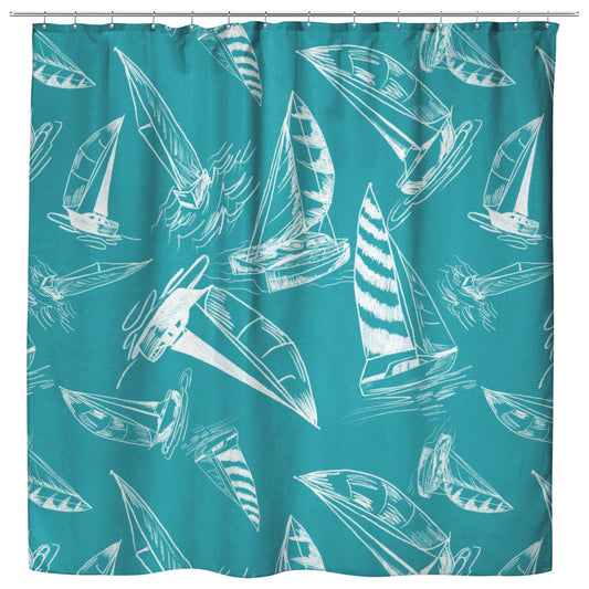 Sailboat Sketches on Teal Background, Shower Curtain