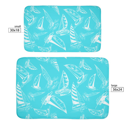 Sailboat Sketches on Tropical Blue Background, Bath Mats