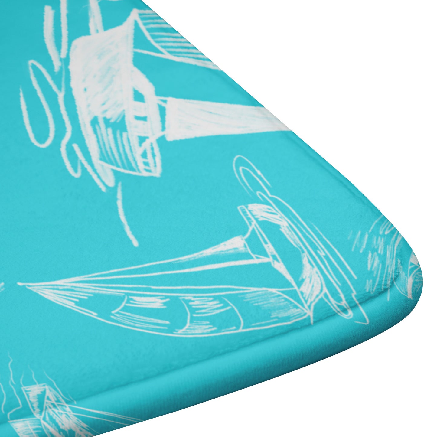 Sailboat Sketches on Tropical Blue Background, Bath Mats