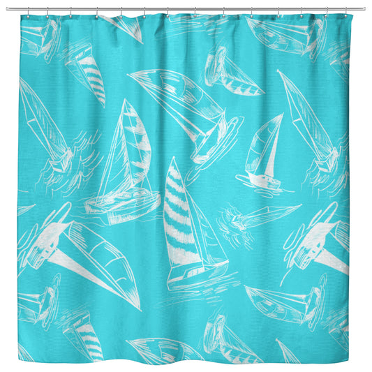 Sailboat Sketches on Tropical Blue Background, Shower Curtain