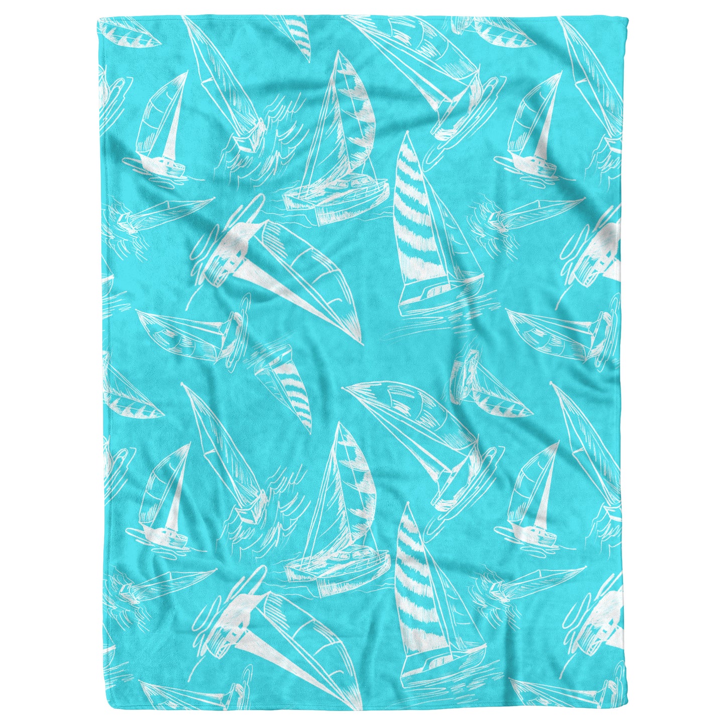 Sailboat Sketches on Tropical Blue Background, Fleece Blanket