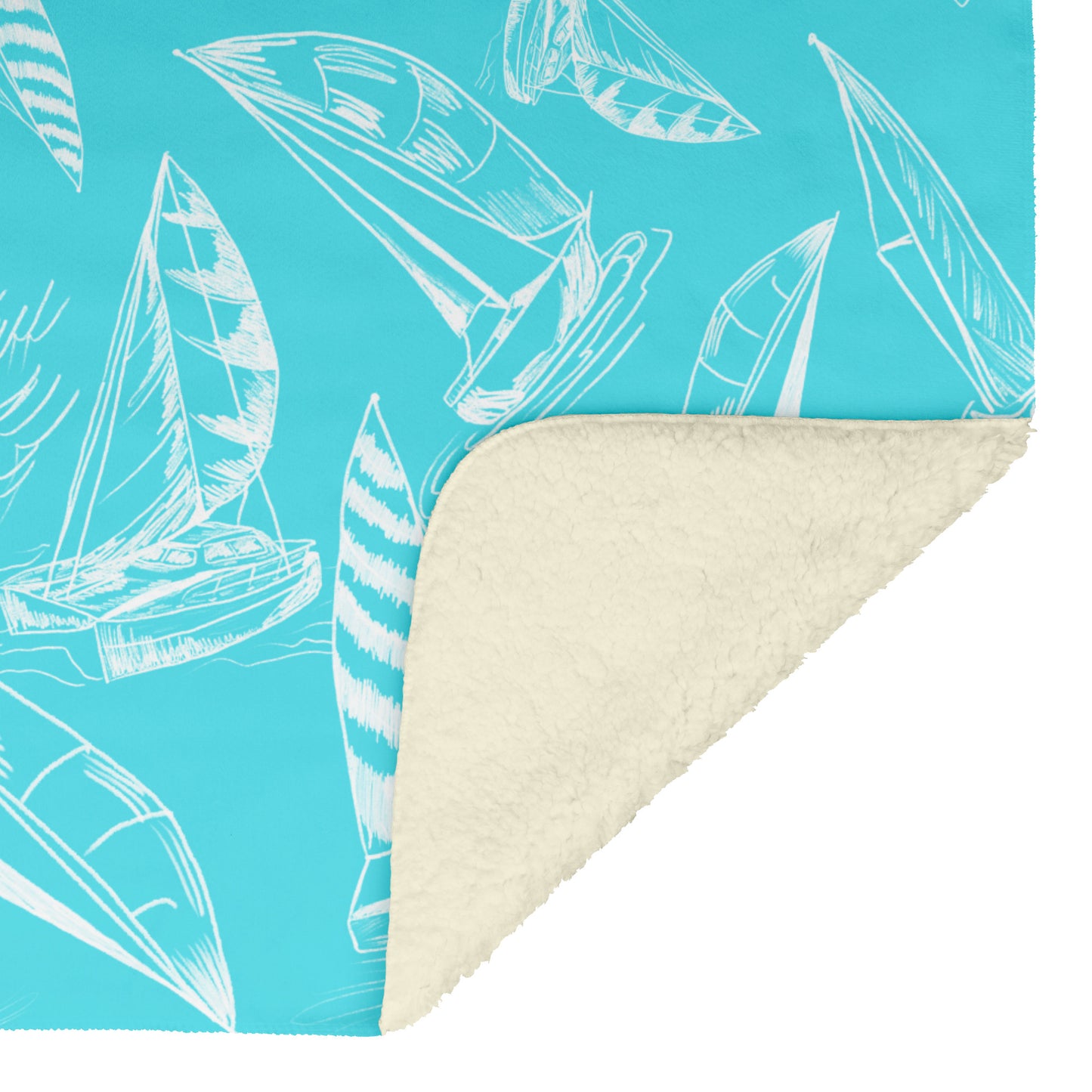 Sailboat Sketches on Tropical Blue Background, Fleece Blanket
