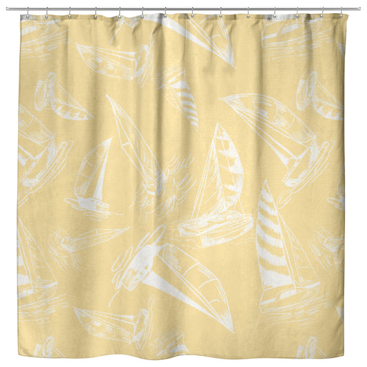Sailboat Sketches on Yellow Background, Shower Curtain