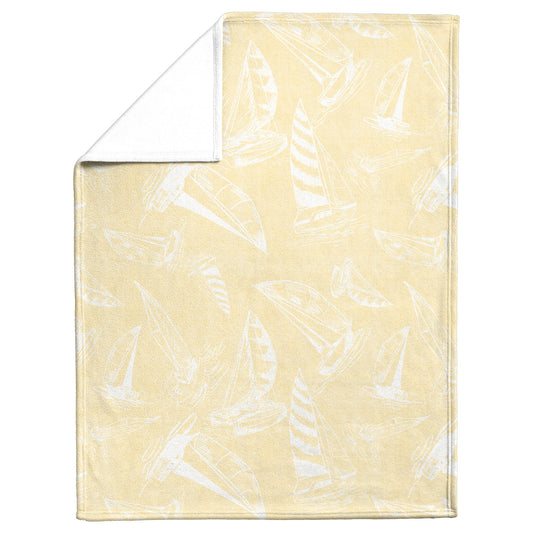 Sailboats Sketches on Yellow Linen Texture Background, Fleece Blanket