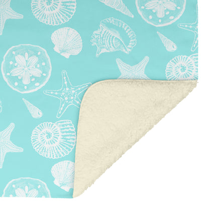 Seashell Sketches on Coastal Blue Background, Fleece Blanket