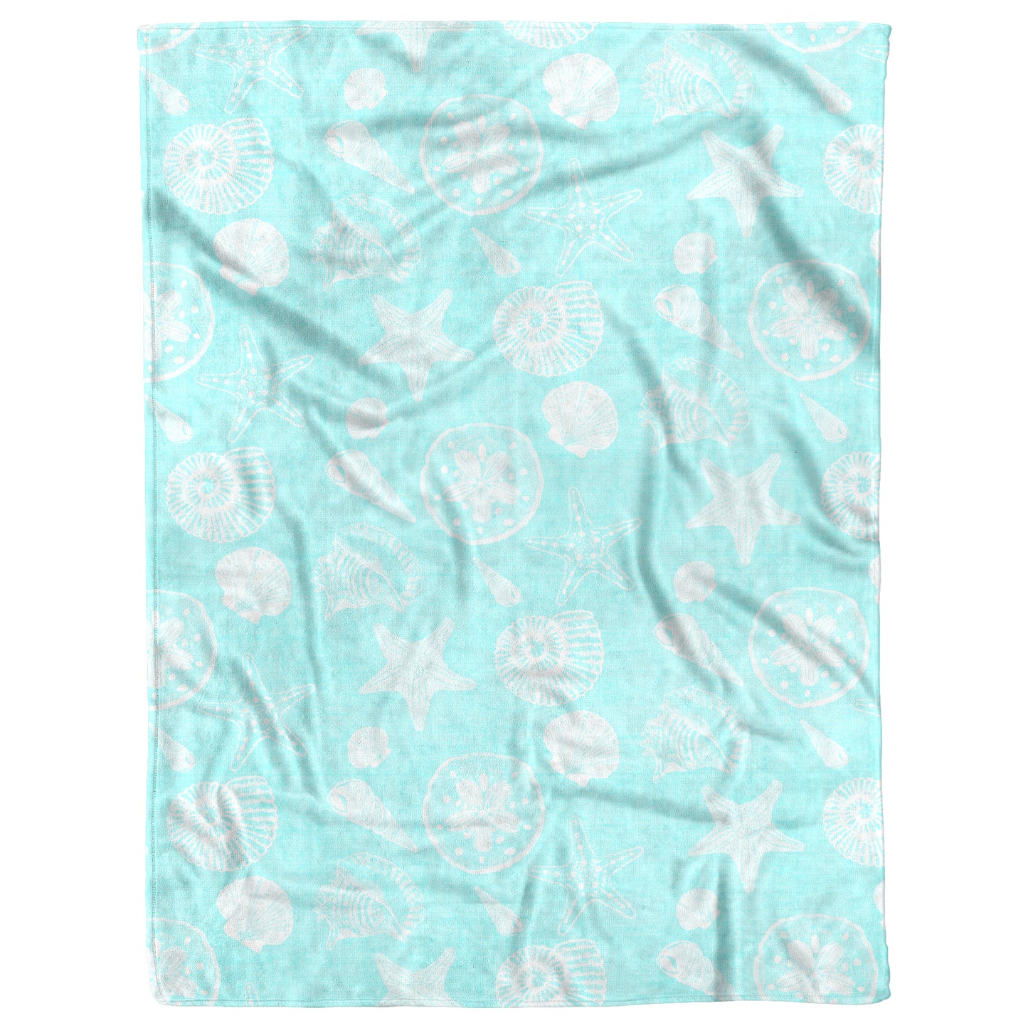 Seashell Sketches on Coastal Blue Linen Texture Background, Fleece Blanket