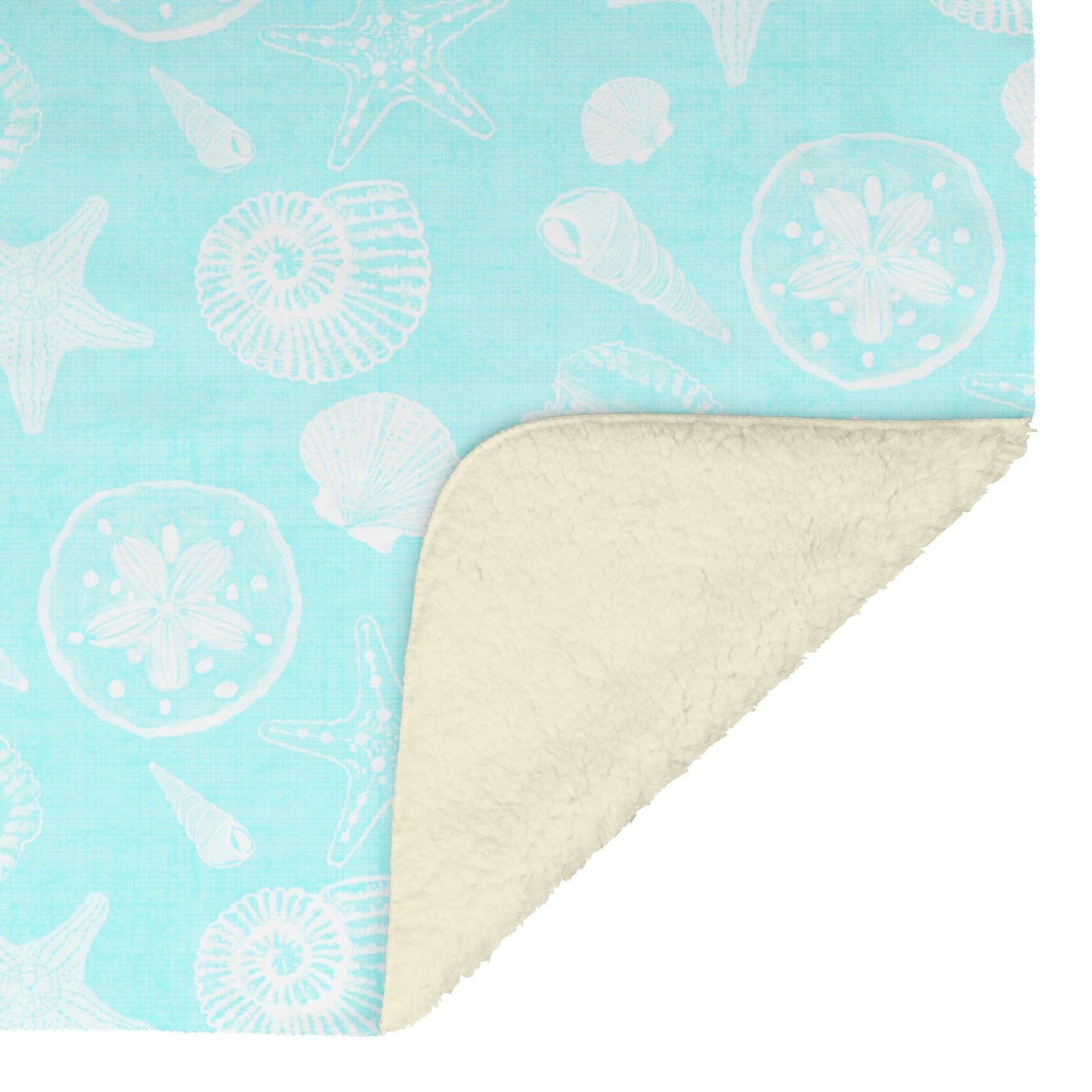 Seashell Sketches on Coastal Blue Linen Texture Background, Fleece Blanket