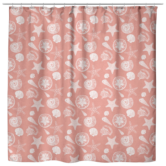 Seashell Sketches on Coral Background, Shower Curtain