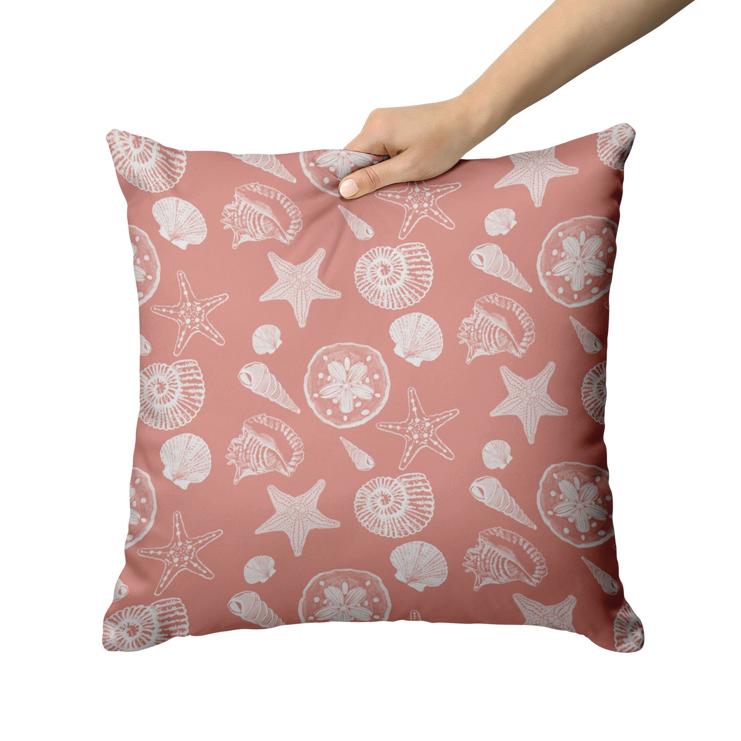 Seashell Sketches on Coral Background, Throw Pillow