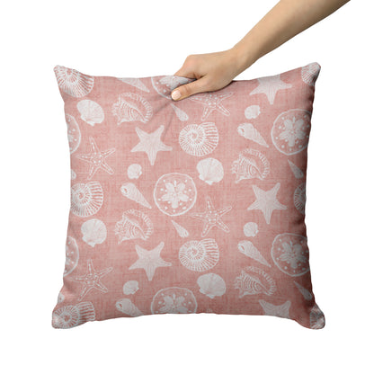 Seashell Sketches on Coral Linen Textured Background, Throw Pillow