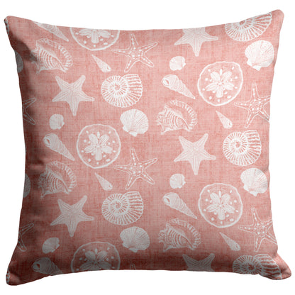 Seashell Sketches on Coral Linen Textured Background, Throw Pillow