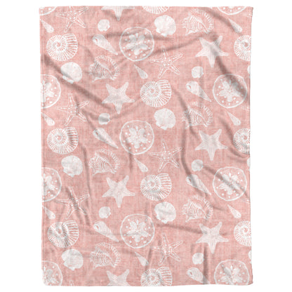 Seashell Sketches on Coral  Linen Texture Background, Fleece Blanket