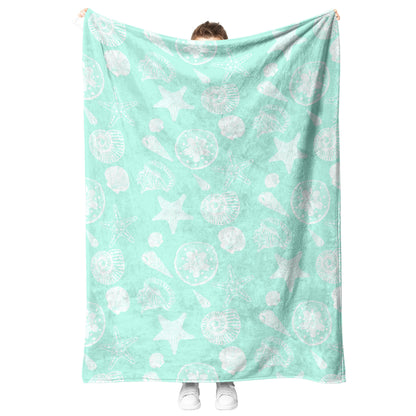 Seashell Sketches on Mint Background, Fleece Blanket