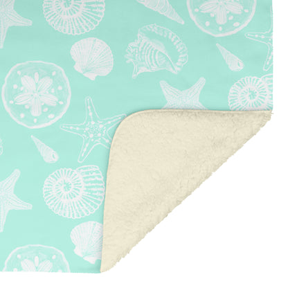 Seashell Sketches on Mint Background, Fleece Blanket