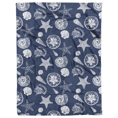 Seashell Sketches on Navy Background, Fleece Blanket