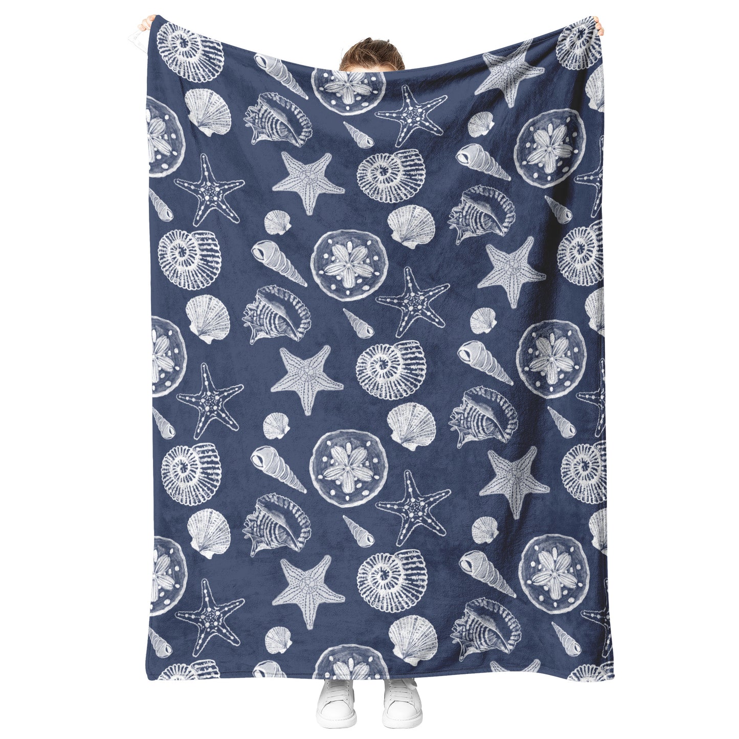 Seashell Sketches on Navy Background, Fleece Blanket