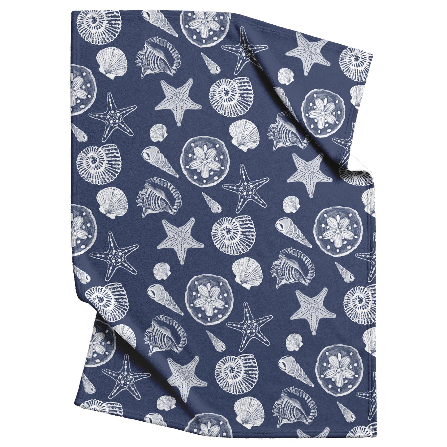 Seashell Sketches on Navy Background, Fleece Blanket