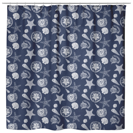 Seashell Sketches on Navy Background, Shower Curtain