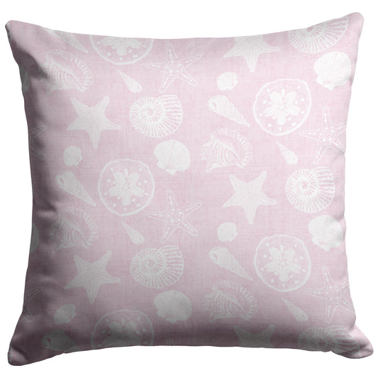 Seashell Sketches on Pink Linen Textured Background, Throw Pillow