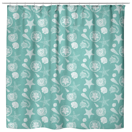 Seashell Sketches on Succulent Background, Shower Curtain