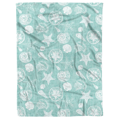 Seashell Sketches on Succulent  Linen Texture Background, Fleece Blanket