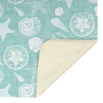 Seashell Sketches on Succulent  Linen Texture Background, Fleece Blanket