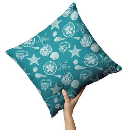 Seashell Sketches on Teal Background, Throw Pillow