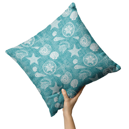 Seashell Sketches on Teal Linen Textured Background, Throw Pillow