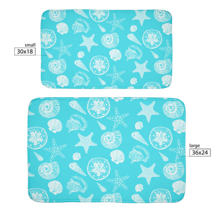 Seashell Sketches on Tropical Blue Background, Bath Mats