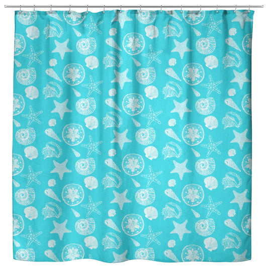 Seashell Sketches on Tropical Blue Background, Shower Curtain